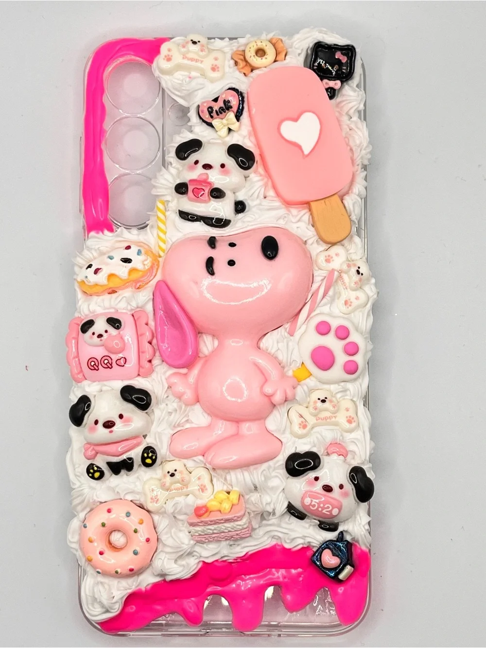 Cute Pink Snoopy Decorated Phone Case with Desserts Charms